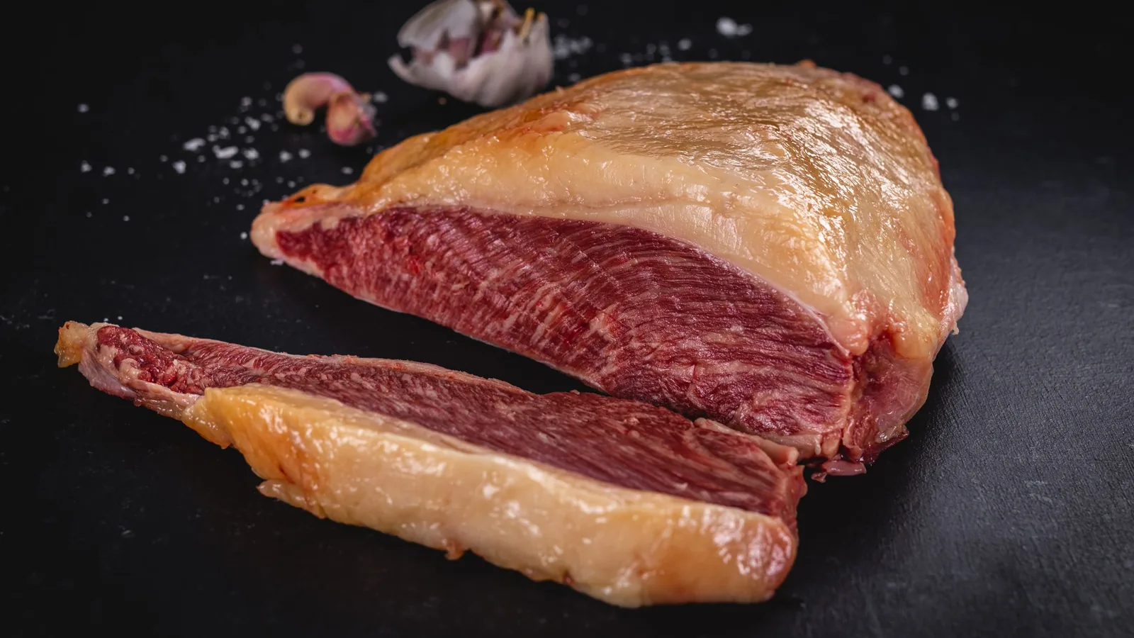Open uncooked picanha showing its external fat cap
