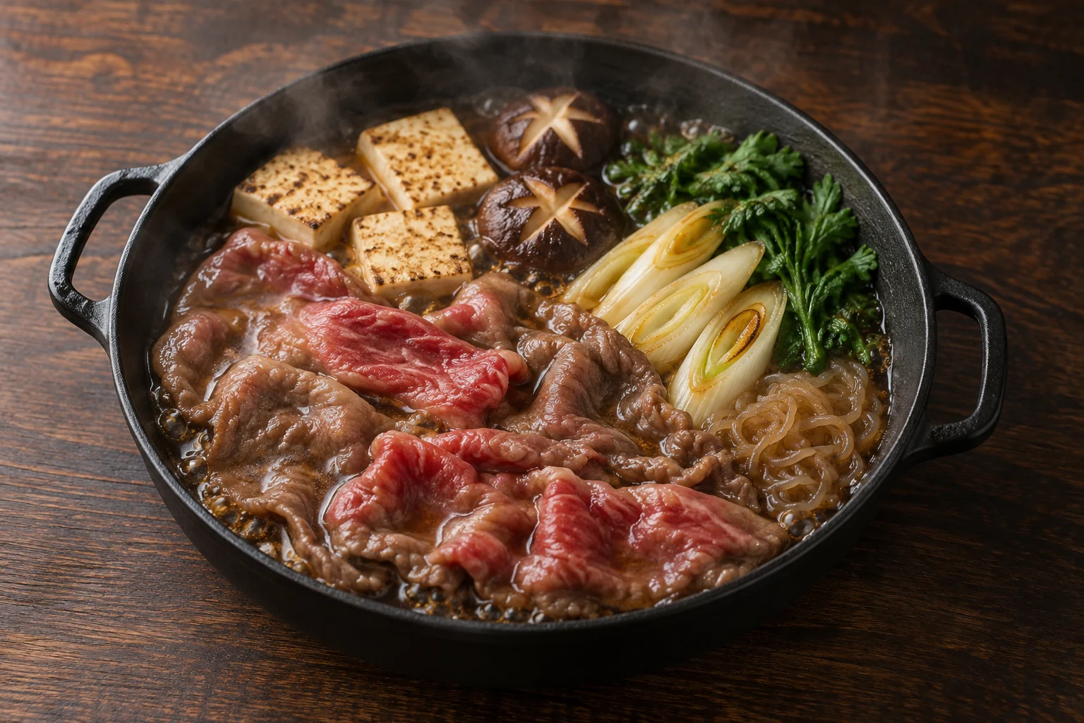 Sukiyaki en preparación, con láminas de carne, tofu, setas y verduras en una olla de hierro.