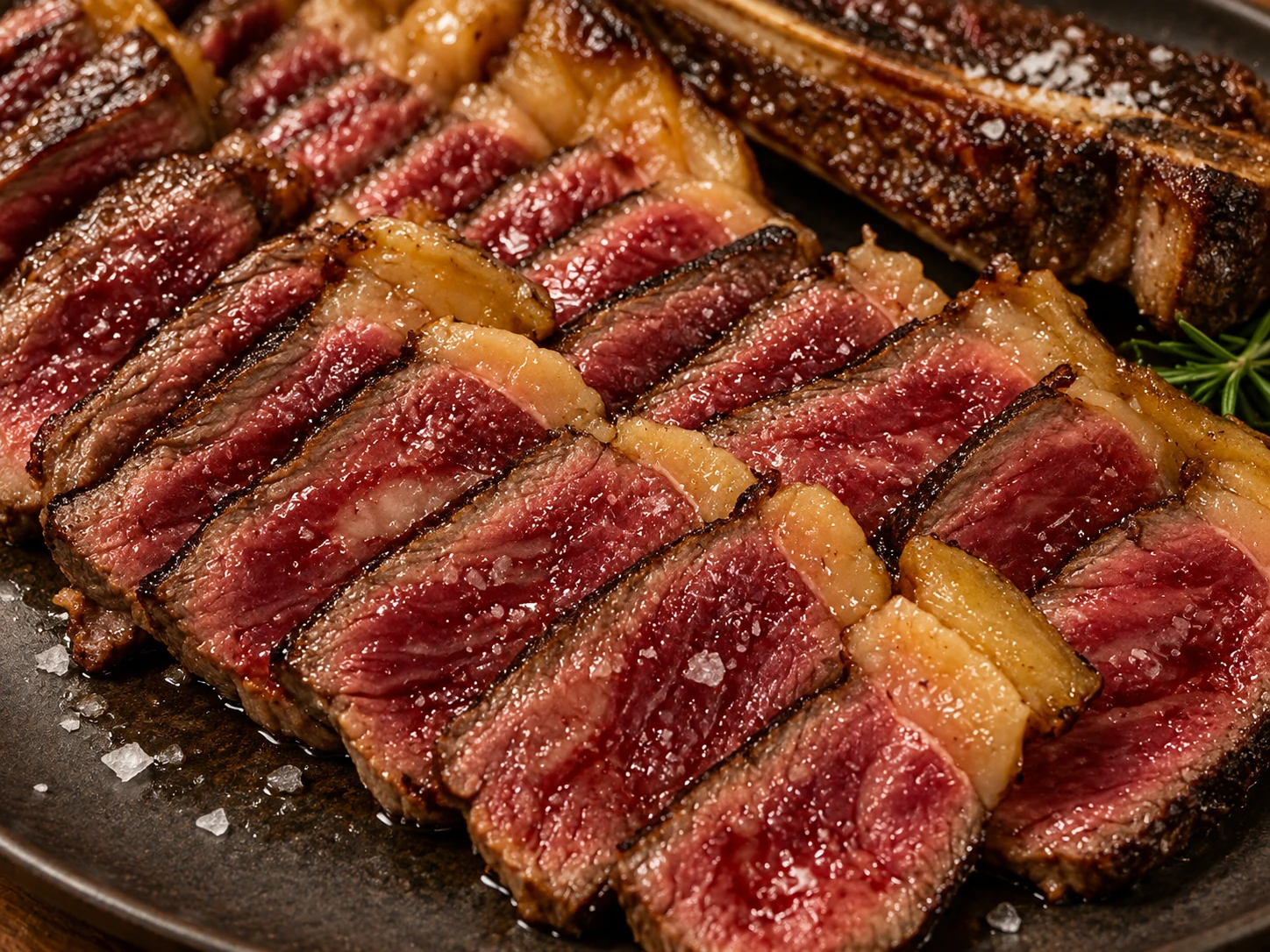 Primer plano de un chuletón cortado, con corteza dorada y el interior rojizo