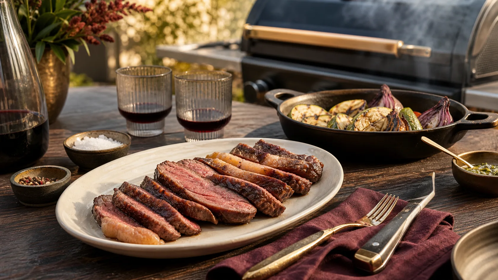 Mesa de barbacoa premium con carne cortada y parrilla al fondo
