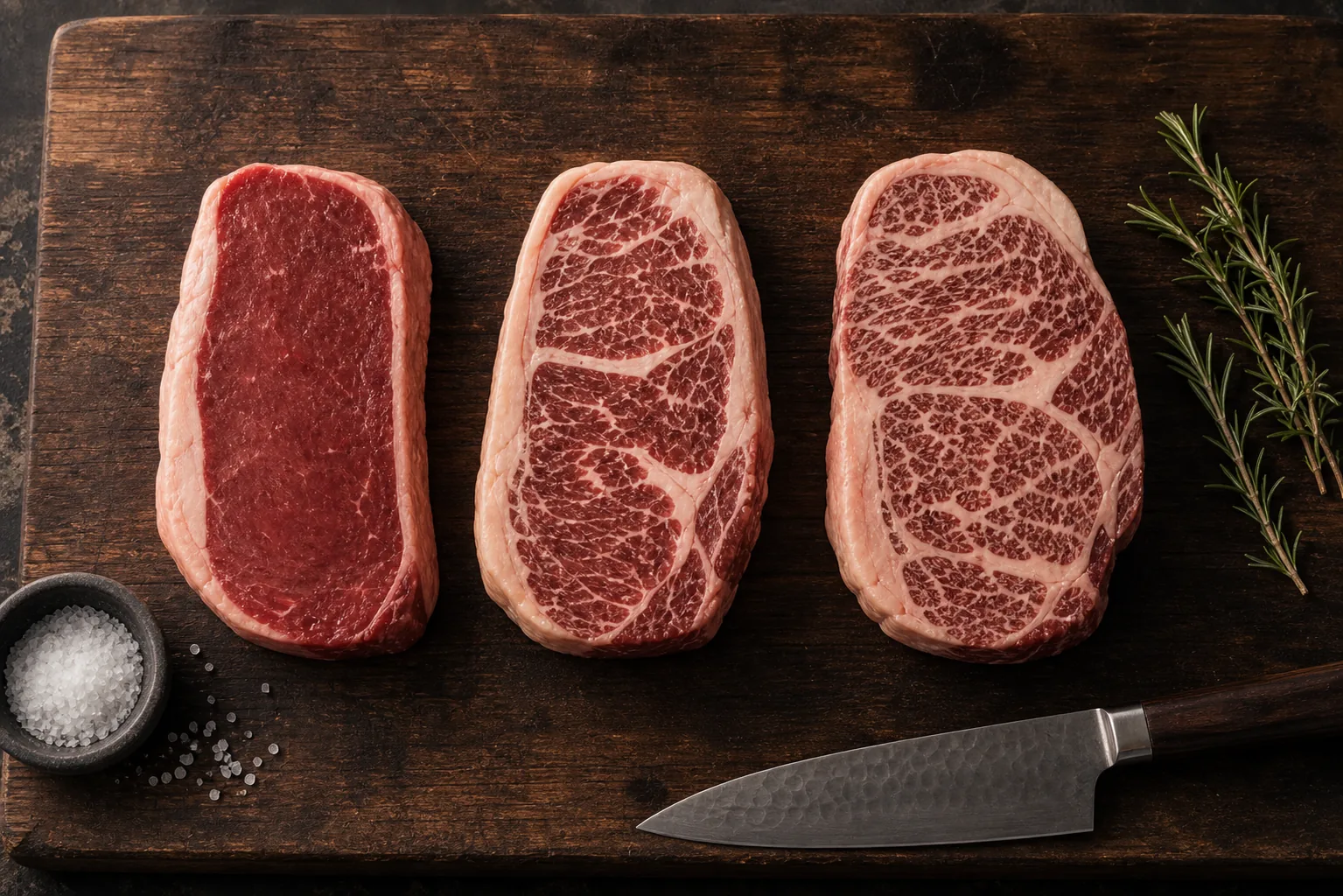 Comparativa de cortes premium con distintos niveles de marmoleo