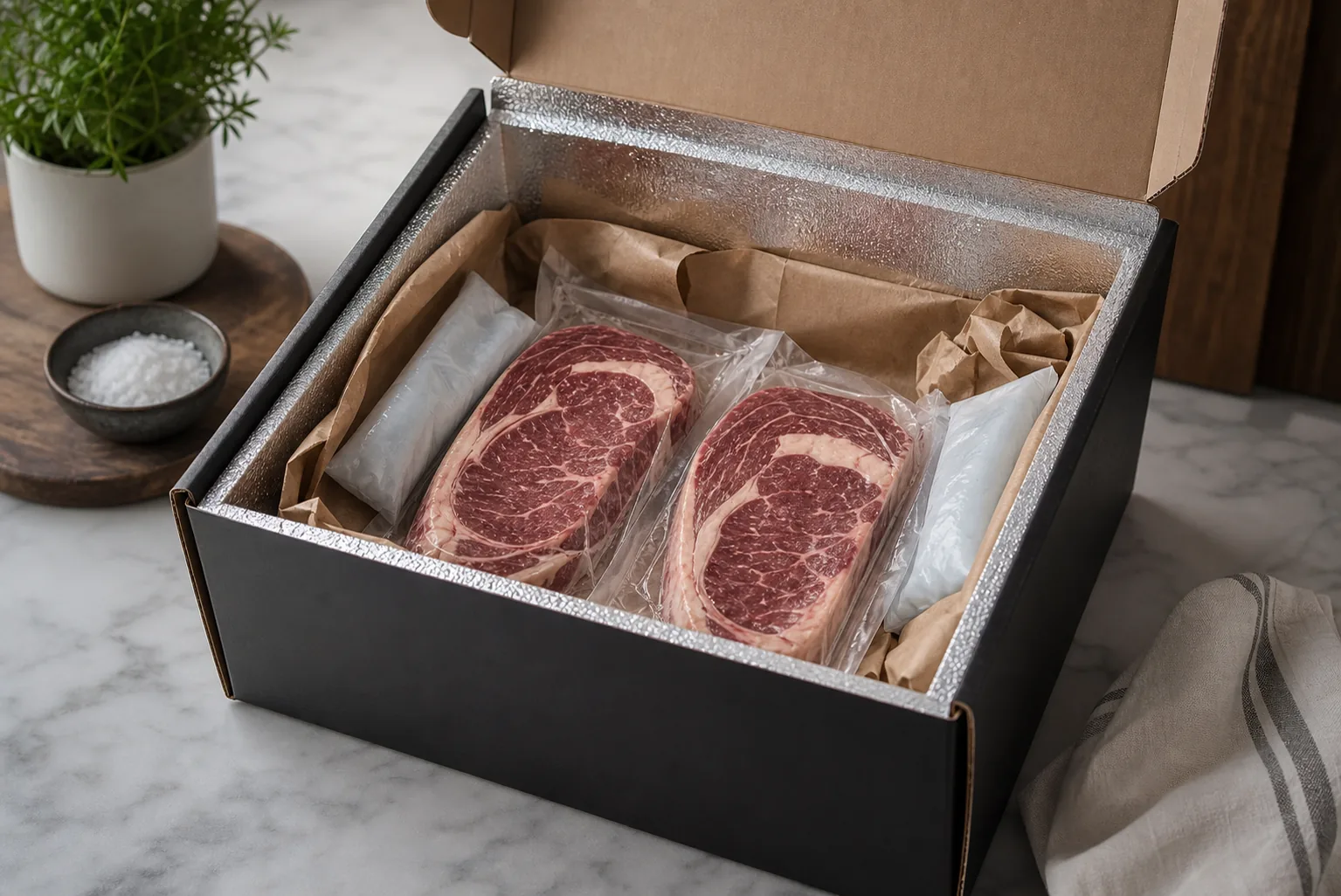 Caja isotérmica con carne premium y acumuladores de frío