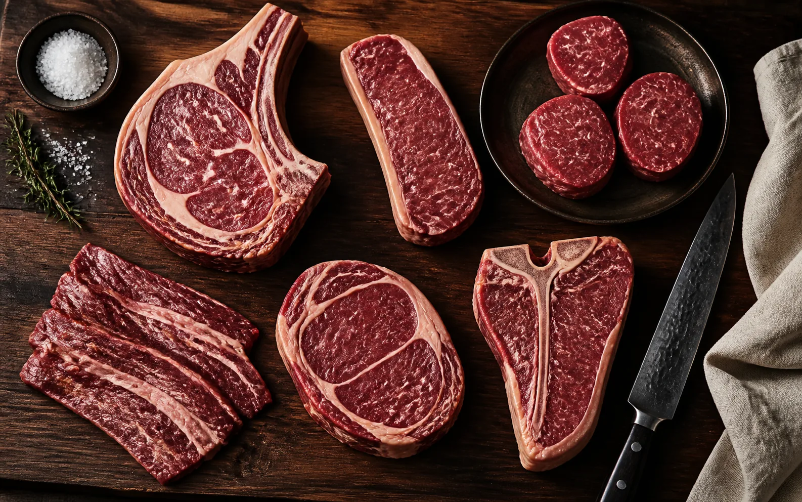Tabla de madera con distintos cortes de carne premium