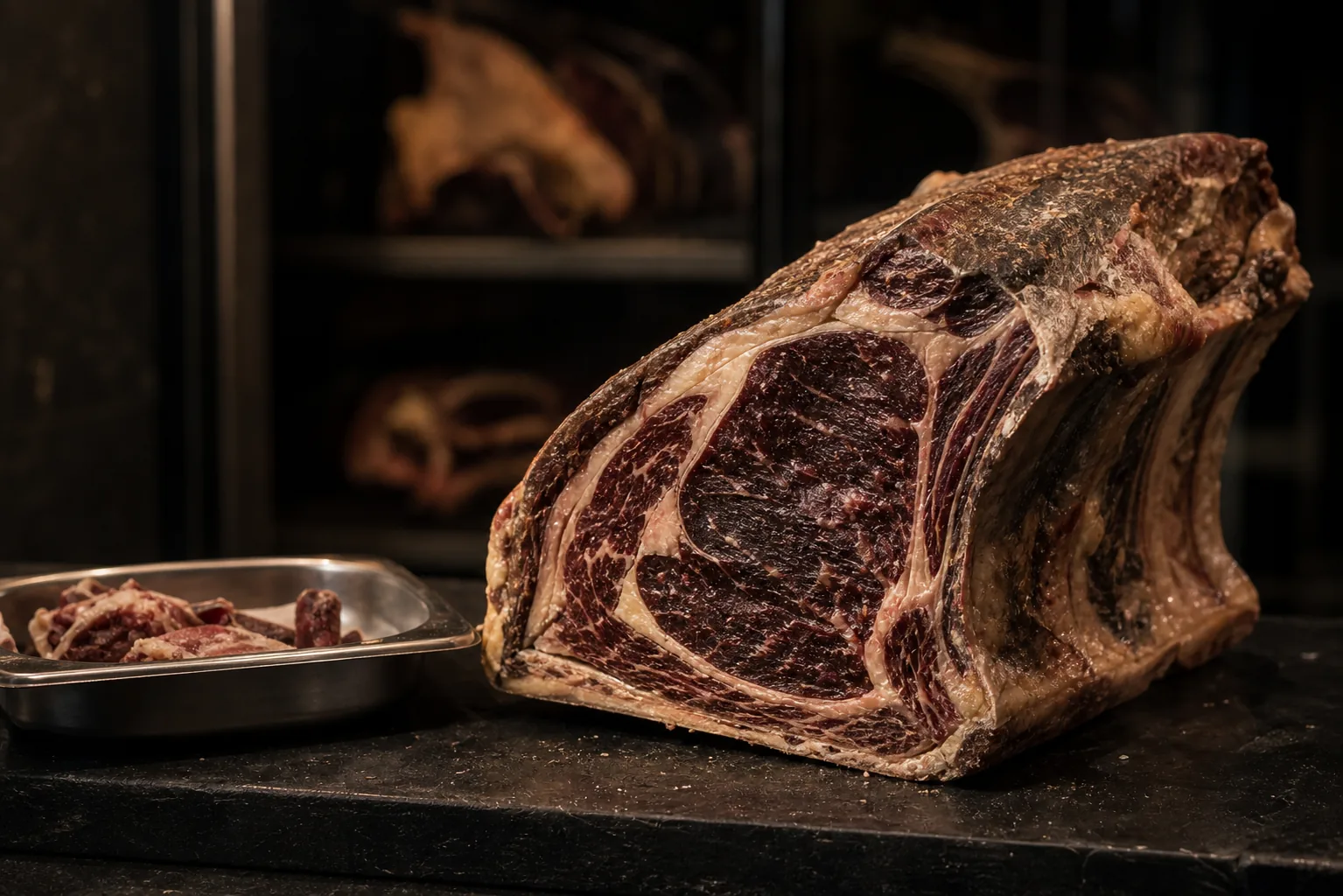 Detalle de corte dry aged en mesa profesional