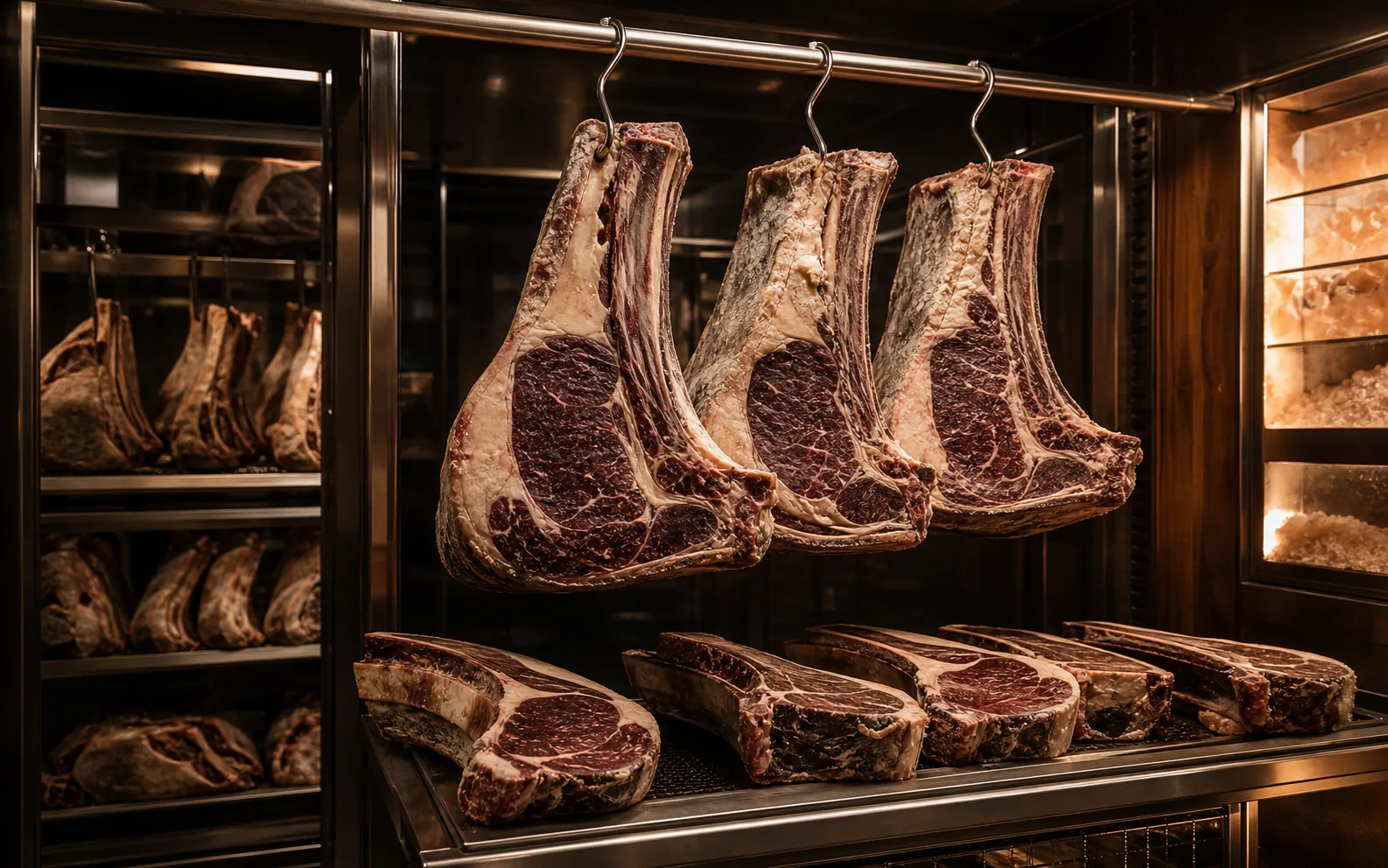 Cámara profesional de maduración con piezas de carne premium