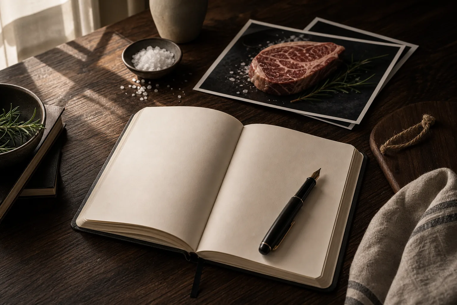 Mesa editorial con notas de trabajo para la guía Carnes Deluxe