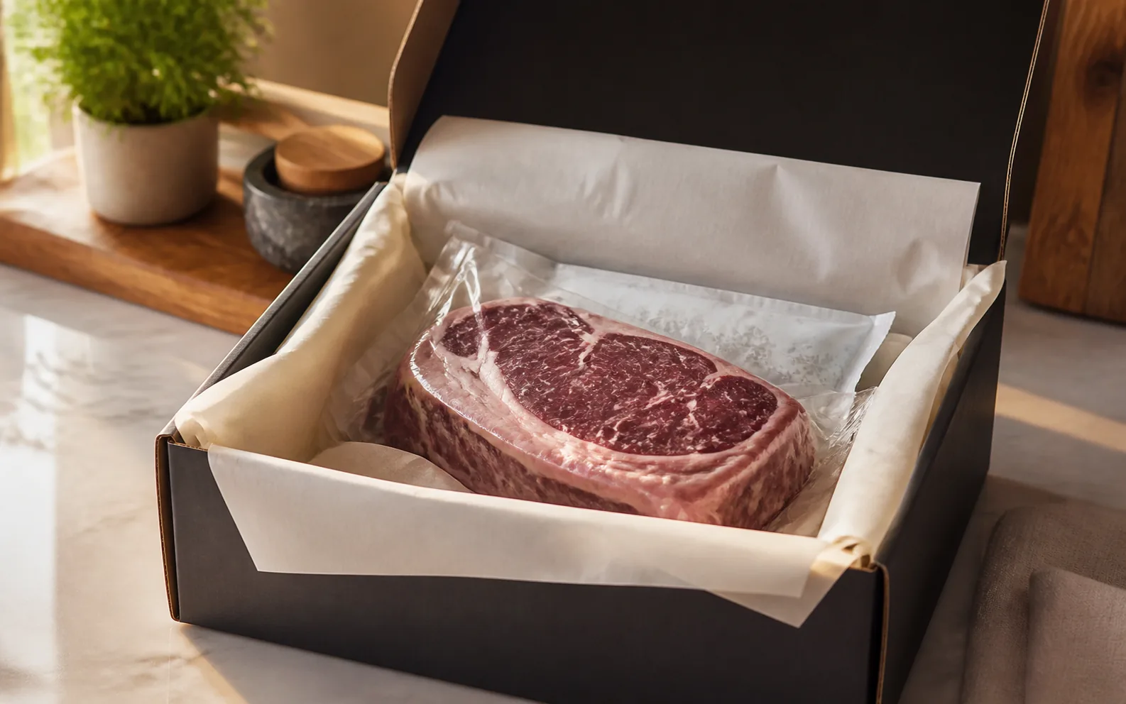 Caja refrigerada con carne envasada al vacío para compra online