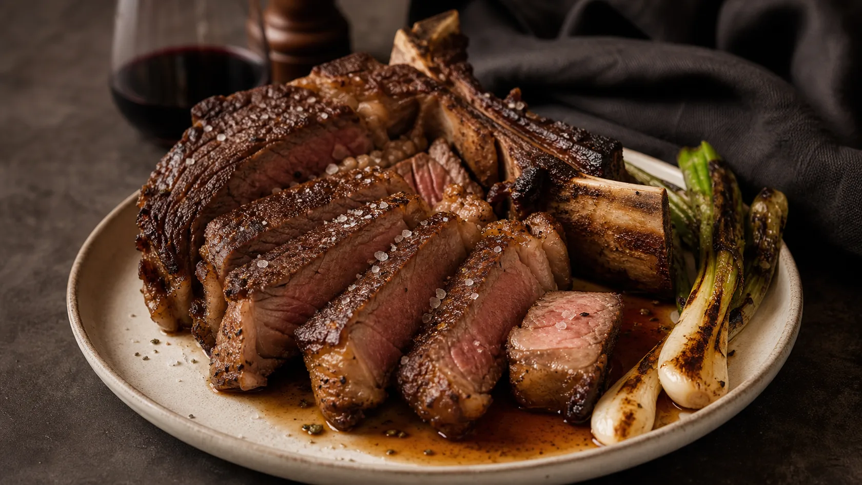 Chuletón cocinado y cortado en plato de restaurante