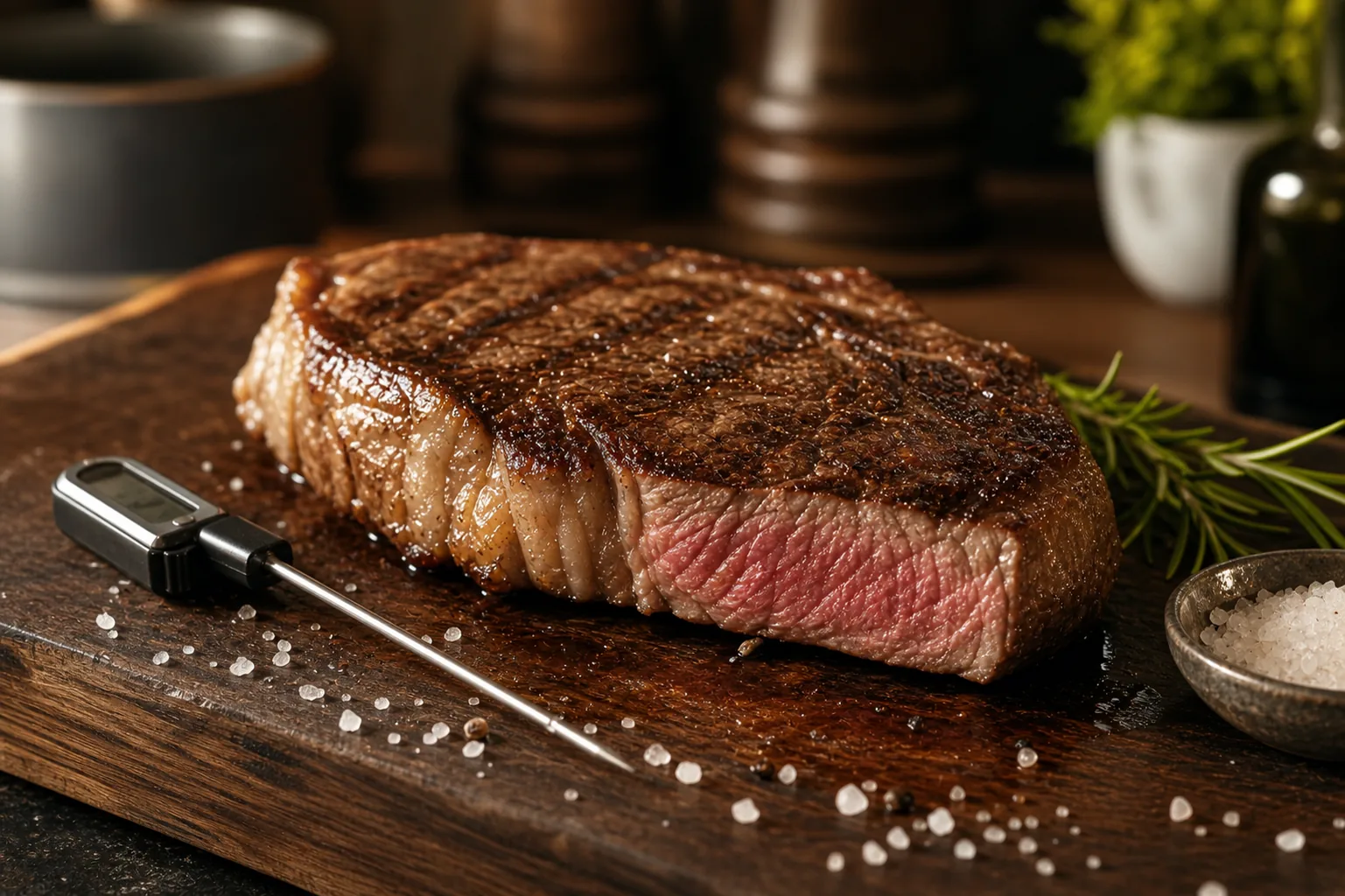 Steak premium reposando con termómetro de cocina