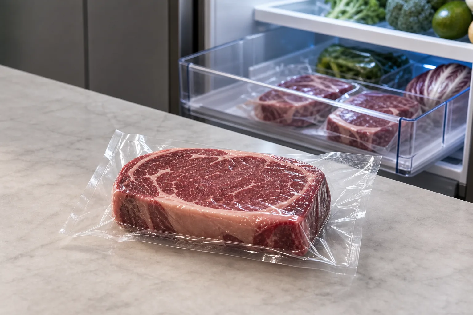 Carne premium envasada al vacío en entorno de conservación